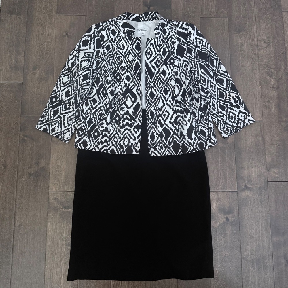 Kim Rogers Kasper Womens 12 Suit Set Black White Ikat Blazer Pencil Skirt